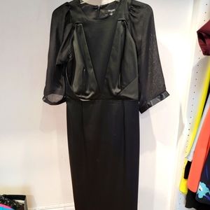 Tahari black Satin dress with sheer sleeves